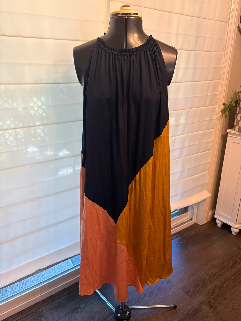 LOFT Navy, Mustard & Coral Colorblock Midi Dress. Great for maternity